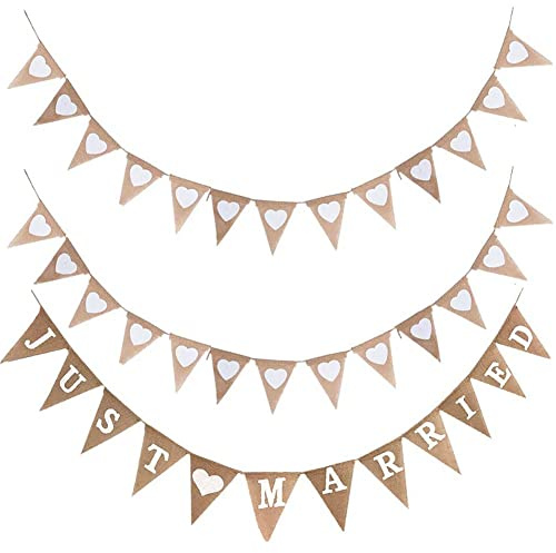 Wimpelkette Hochzeit Vintage JUST Married 3 Stück Wimpelkette Hochzeit Vintage Girlande Herz für Hochzeitszeremonie Fotorequisiten Brautdusche Junggesellinnenabschied