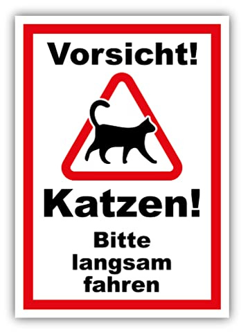 tradercat Vorsicht Katzen Bitte langsam fahren Schild Aufkleber aus Vinyl Schilder Vorsicht Katzen Sticker mit UV-Schutz Hinweisschilder langsam fahren Katzen Warnzeichen (AUFKLEBER | 42 x 30 cm)