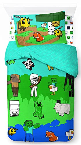 Minecraft El Creeper Modo Creativo Juego de Ropa de Cama Infantil 3 Piezas 100% Algodón Cama Individual - Incluye Funda Edredon 135x200cm + Sabana Bajera 90x200cm + Funda de Almohada 50x70cm