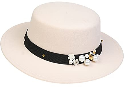 NiceYnn Klassischer Vintage-Wollhut mit breiter Krempe, flache Oberseite, Schweinekuchen, verstellbares Perlenband, Fedora, Kirche, Derby, Filzkappe für Hochzeit, Beige und Perlmutt, Einheitsgröße