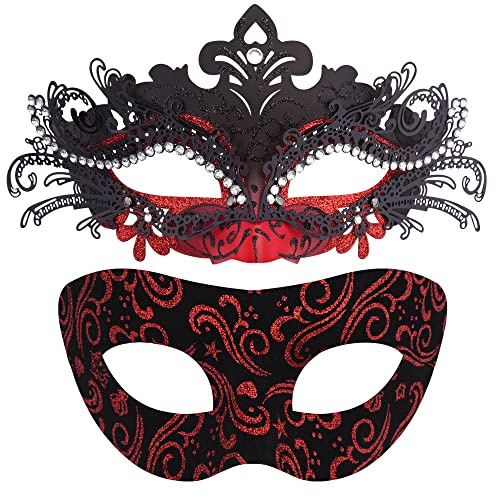 SIQUK 2 Stück Venezianische Maske Paar Maskerade Mask Venezianischen Maske Kostüm Masken für Damen Herren Halloween Karneval Party, Schwarz & Rot