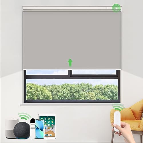 HOMEDEMO Elektrische Rollos Wiederaufladbare Verdunklungsrollo mit Motor & Fernbedienung, Grau 140x95cm(LxB), Rollo Innen ohne Bohren klemmfix/mit Bohren, Smart Rollo mit Alexa kompatibel