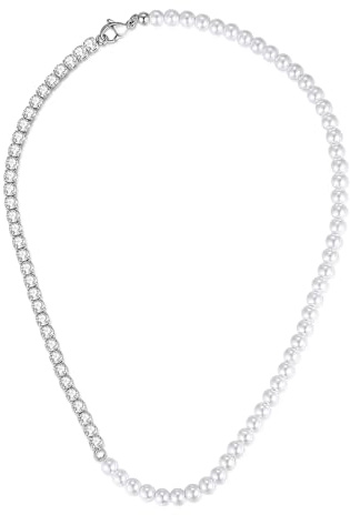 GAVU Männer Tenniskette Perlenkette mit Muschelperlen Cubic Zirkonia Halskette für Herren