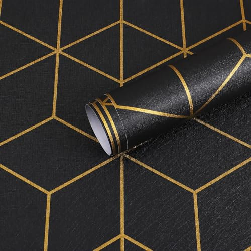 Timeet Peel and Stick Wallpaper Black and Gold Self Adhesive Wallpaper Geometric Contact Paper Sticky Back Vinyl Texture Wall Covering Removable Decorative Film 44x300cm