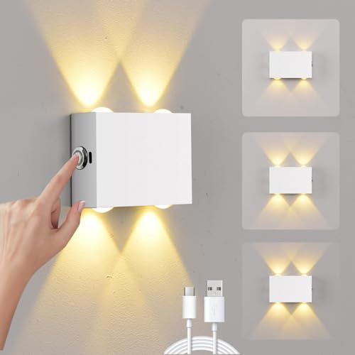 LED Wandlampe Innen Akku Ohne Bohren Touch Steuerung Dimmbar für Nachttisch | LED 3000K Warmes Licht 4000mAh Batterie Wandleuchte Einstellbare Helligkeit Weiß Aluminium Tragbar für Schlafzimmer