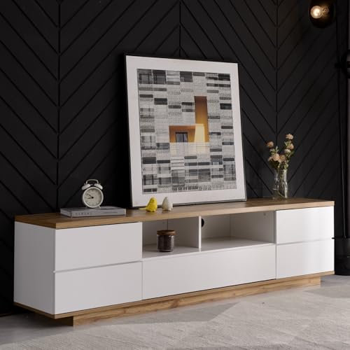 KOMHTOM Armoire TV en blanc et bois Buffet 5 portes 2 compartiments ouverts Armoire polyvalente robuste et lisse Salon et chambre