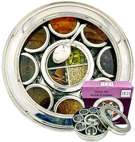 Bub: Large 22cm Premium Spice Tin Masala Dabba | 9 Spice Jars with Individual Lids | Holds 12 Spices | Polished Stainless Steel with Serving Spoon & Clear Acrylic Lids | Spice Box (SPICE TIN 9)