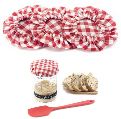 ZUAWAE Sourdough Jar Cover, Reusable Sourdough Cloth Cover, 3pc Handmade Cotton Cloth Covers for Sourdough Starter Jar Sourdough Bread Baking Supplies Fit Jars Mouth from 3-4 Inch (Red Plaid)