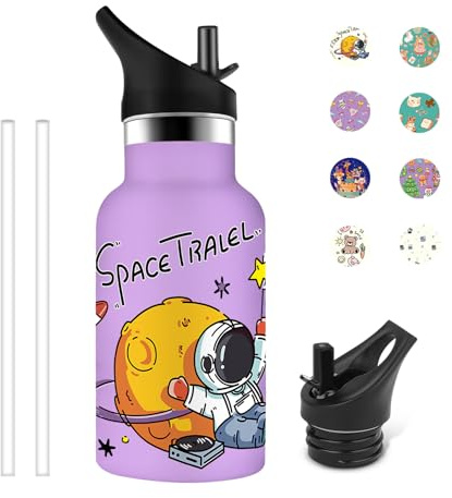 Grsta Trinkflasche Edelstahl, 350ml Trinkflasche Kinder, Trinkflasche Auslaufsicher BPA-freie, Thermoskanne Baby Unterwegs, Leicht zu Reinigen, für Kindergarten/Büro/Cafe, Lila-Astronaut