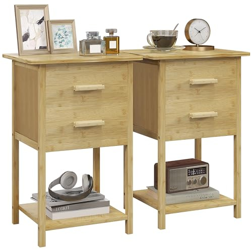 HOMCOM Set 2 Comodini con 2 Cassetti e Ripiano, 40x34x60 cm, Color Legno | Ripiano Inferiore, Stile Nordico, Comodini Moderni in Bambù