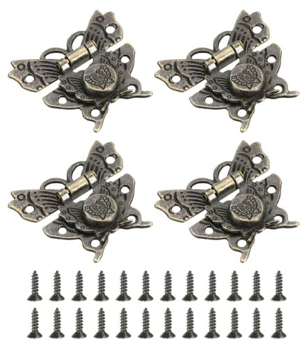 QUARKZMAN 4 Stück Antike Verschlüsse Schmetterling, Retro Schnappverschluss mit Schrauben Knopf Vintage Haspelschloss Schnalle für Holzkisten Truhen Koffer Schrankhaspel Schmuckschatulle