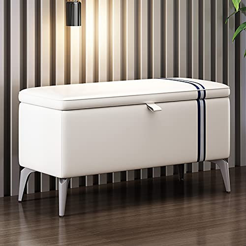 Panca ottomana in pelle con seduta imbottita, moderna panca rettangolare da ingresso per scarpe, baule portaoggetti in legno massello, panca multifunzione