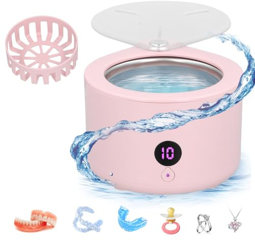 UrbanHomes Ultrasonic Retainer Cleaner Machine for Dentures, 45k Hz Professional Dental Cleaning Pod 200ML, Portable Jewellery Cleaner for Aligner Mouthguard, Whitening Trays, Necklace, Ring (PINK)