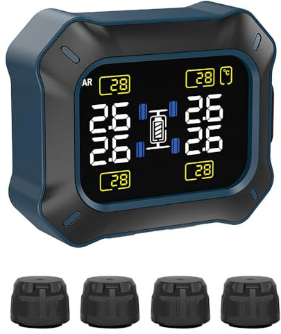 OBEST 4 Roues TPMS sans Fil pour Moto,Outils pour Système de Contrôle de la Pression des Pneus,Alimentation USB,Écran LCD avec 4 Capteurs Externes,Convient pour Les Véhicules Tout Terrain