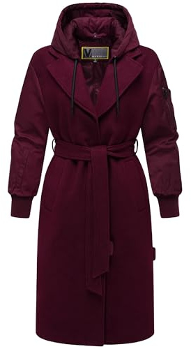 MARIKOO Damen warmer langer Übergangsmantel in angesagtem Materialmix mit abnehmbarer Kapuze und Binde-Gürtel Tjadee 16 Wine Gr. L