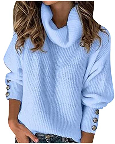 Pullover Damen, Einfarbig Rollkragenpullover Langarm Lose Elastisch Strickpullover Casual Warm Vintage Grobstrick-Pullover Damen Einfacher Winter-Rollkragenpullover Oversize Warm Oberteile Pullover