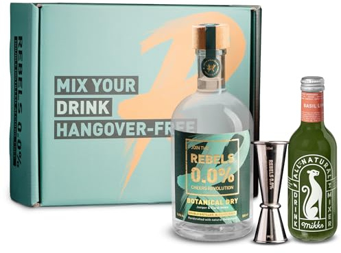 REBELS 0.0% Alkoholfreies Gin-Geschenkset 2+1 | Gin-Basil-Smash | Alkoholfreier Gin + Basil Lime + Messbecher | Doppelt destilliert | Für alkoholfreie Cocktails & Mocktails | Alkoholfreie Getränke