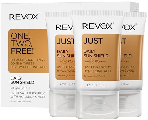 REVOX B77 - Just Daily Sun Shield, 3 x 30 ml, Protector Solar Facial SPF 50+ con Ácido Hialurónico, Uso Diario, Hidrata y Promueve la Regeneración de la Piel, Reduce Irritación, Mejora Elasticidad