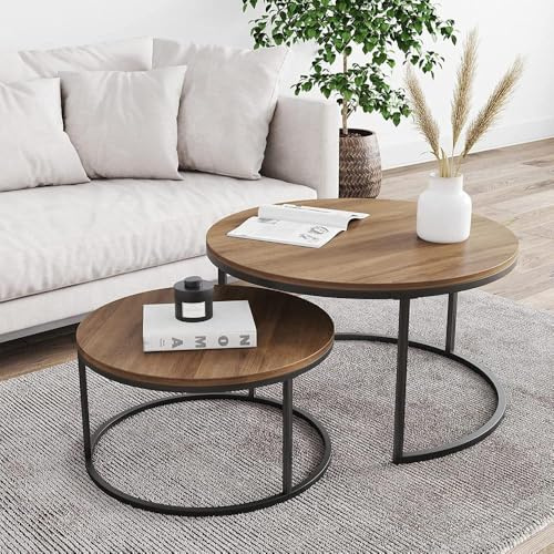 SANTUO Couchtisch Rund Holz 2er Set：Moderne Beistelltisch Wohnzimmertisch, Metallgestell Kleiner Tisch Table für Wohnzimmer, Couch, Sofa, Vasagle, Balkon und Büro