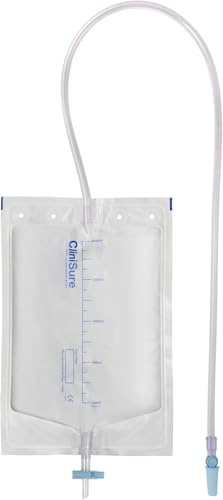 CliniSure 2L Sterile Night Urine Drainage Bags, 10 Pack, T-Tap, Leak Free | Universal Ridged Connector and Non-Return Valve to Stop Backflow. Soft Tubing for Indwelling or Intermittent Catheters.