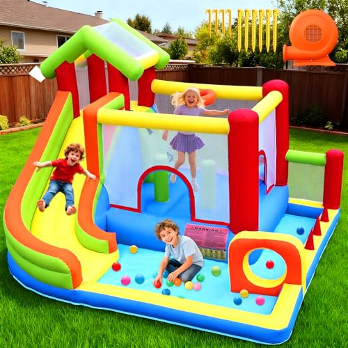 PZGEQ Bounce House, Inflatable Bouncy Castle with Blower, Blow Up Jump House with Slide, Ball Pit, Jumping, Pool, Obstacle Course for Kids Indoor Outdoor Backyard