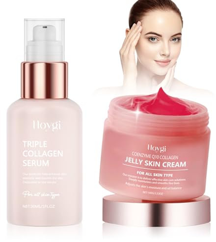 Collagen Jelly Cream 100g + Collagen Serum Gesicht 30ml, Kollagen Jelly Creme, Anti-Aging Feuchtigkeit Gesichtscreme, Koreanische Hautpflege Set, Stärkt die Feuchtigkeitsbarriere der Haut
