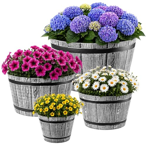 KADAX Juego de 4 Maceta Estilo Barril de Madera ø23cm + 30cm + 40cm + 50cm, Aprox. 4-45L, plástico Resistente Intemperie, Gris Claro, Decorativa para Jardín, Terraza y Balcón