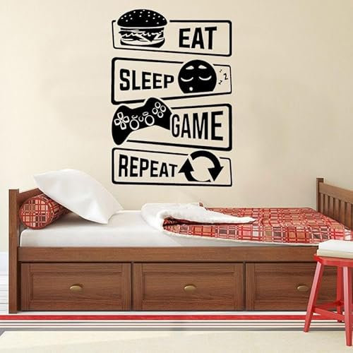 Sticker mural en vinyle « Eat Sleep Game Repeat Gaming Zone » - Décoration d'intérieur - Chambre d'enfant - Salle de jeux - 57 x 84 cm