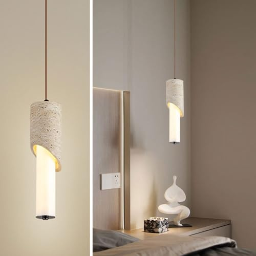WOSBO Yellow Travertine Pendant Light, 11.8 Wabi Sabi Pendant Light with Inclined Half Cylinder Stone Lampshade, Nordic Style Concrete Hanging Lamp Fixture for Bedroom Living Room Kitchen Lighting