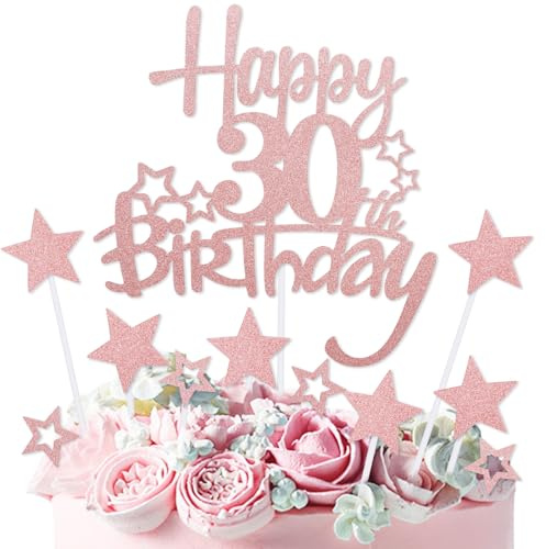 mciskin Rose Gold Happy 30th Birthday Cake Toppers,30th Birthday Decorations for Women,Personalised Cake Topper Rose Gold Glitter Star Cupcake Toppers for Girls Women Party Decorations Supplies