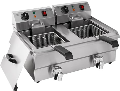 Hakka Friteuses électriques Professionnelles, Grande Capacité 10L x 2, en Acier Iinoxydable, Avec égouttoir, Panier et Couvercle, Double Cuve(220V, 3000W+3000W)