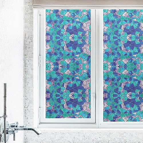 Vinilo Ventana Anti Sol Geometría Azul Verde Vinilos para Cristales Translucido Window Film Vinilo Opaco para Ventanas Privacidad Lámina Privacidad Ventana Baño Cocina 45x100cm/1 Pcs