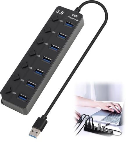 7-Port USB 3.0 Extension Hub, Usb Multiport Adapter, USB 3 Hub, Multi Port for Laptop, Desktop, PS5, and MacBook, High-Speed Data Transfer, Plug & Play Compatibility with All USB Devices