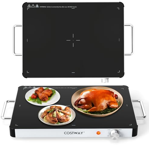 COSTWAY Chauffe Plat Électrique, Plateau Chauffant Électrique, Réchauffeur de Nourriture en Verre Trempé avec Température Réglable, Poignées Anti-Brûlure, pour Fêtes, Buffets, Vacances (40 x 30 cm)