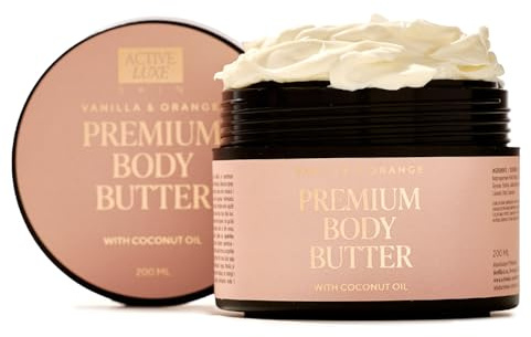 Active Luxe Premium Body Butter – Beurre Corporel à l’huile de coco, beurre de karité & huile d’amande – Parfum orange et vanille – Soin du corps pour peau sèche, 200 ml