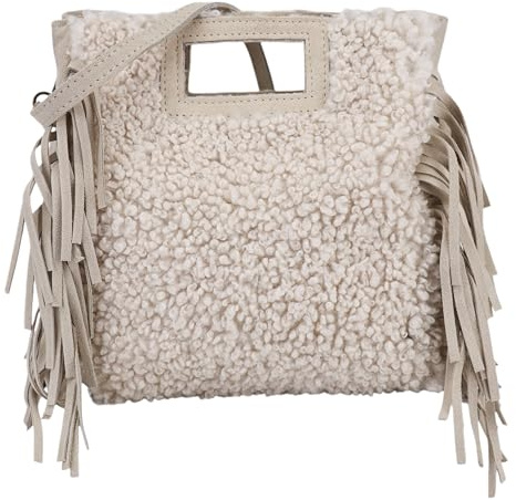 Bea G488 - Borsa da donna in vera pelle scamosciata, con frange e tracolla in vera pelle, stile boho, 24 x 25 cm, beige.