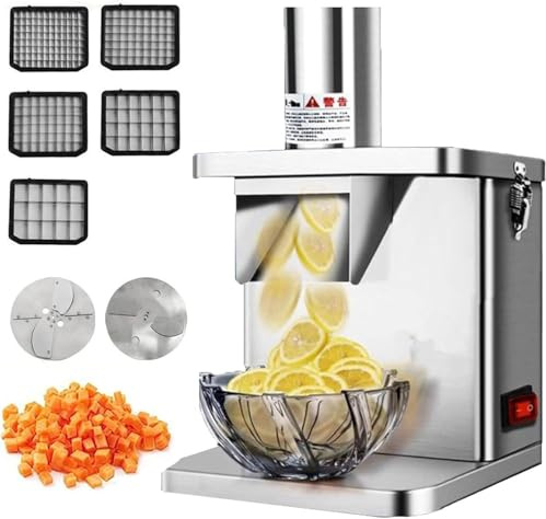 Cortador de verduras eléctrico comercial, cortador de frutas, cortador de tomates en trozos o cubos, procesador de alimentos de acero inoxidable con 5 cuchillas, 1 cuchilla para rebanar y triturar.