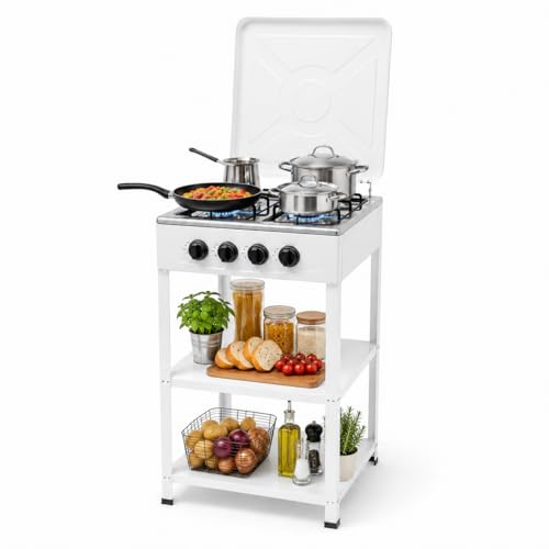 Freistehend Gaskochfeld 4 Flammig mit Abnehmbare Abdeckung, Anti-Rutsch-Füße, Wärmeableitungslöcher, 49x49x79cm, NG/LPG, Gasherd, Campingkocher für Camping Wohnmobil Garten Küche(Weiß)