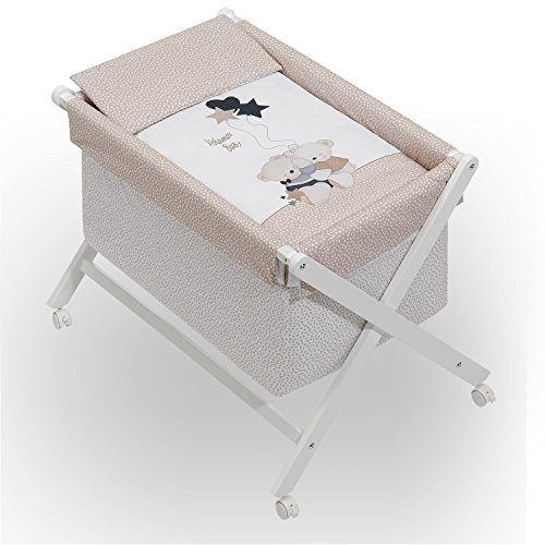 mibebestore Minicuna Plegable Blanco/Beige Volamos: Estructura + Vestidura + Colcha Desenfuntable + Colchón + Almohada