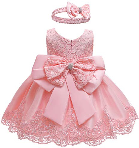 LZH Baby Girls Ruffle Lace Bowknot Flower Dress for Pageant Party Wedding | Lace Tulle Baby Girl Dress with Matching Bow Headband, Elegant Big Bow Decor for Christmas Wedding Pageant Birthday Party
