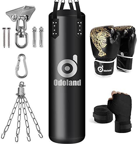 Odoland Kit de Sacos de Boxeo 6-en-1 Sin Relleno para Hombres y Mujeres, 120 cm Bolsa Pesada de Kick Boxing Carga hasta 68 kg con Guantes de Boxeo de 12 oz, Vendajes y Cadenas, Negro