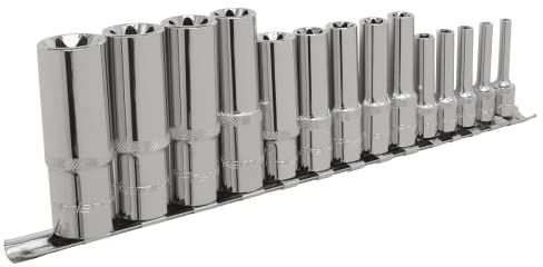Sealey AK6114 14 Piece 1/4, 3/8 and 1/2-inch Sq Drive Deep TRX-Star Socket Set - E4-E24, Silver