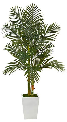 Nearly Natural 5.5ft. Golden Cane Artificial Palm Tree in White Metal Planter