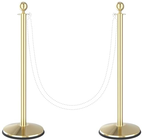 Visiontron Prime 40 Tall Classic Metal Stanchion Post 2 Pack, Self-Straightening No-Tools Assembly Crowd Control Rope Barriers, Polished Brass Ball Top