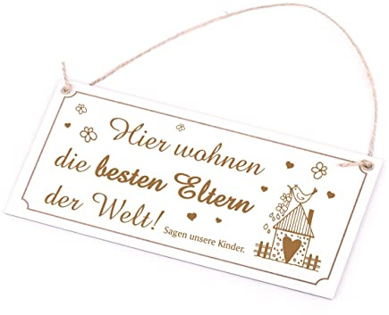 Mama Papa Schild Holz Spruch - Hier wohnen die besten Eltern der Welt - graviert Geschenk Vintage Türdeko 20 x 10 cm