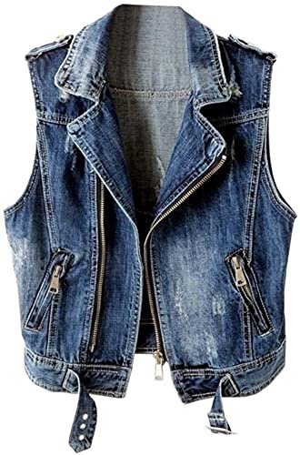 Lazutom Chaleco de mezclilla sin mangas rasgado con cremallera para mujer, azul, 36