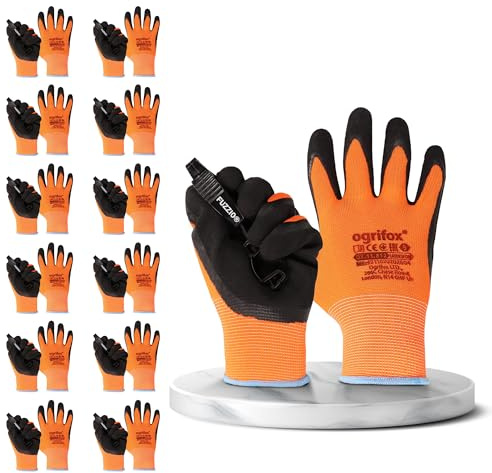 FUZZIO 12 Paar fluoreszierend Ogrifox Schrumpf Latex besichtet Arbeitshandschuhe Handschuh-Klammer (L-9, Orange)