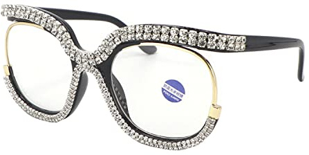 FUPRECIOUS Rhinestone Reading Glasses for Women Oversized Stylish Round Blue Light Blocking Eyeglasses
