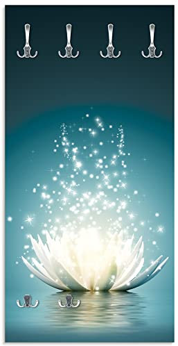 ARTLAND Wandgarderobe Garderobenpaneel Holz mit 6 Haken 60x120 cm Design Garderobe mit Motiv Pflanzen Blumen Blüte Abstrakt Seerose Lotus Licht Magie T9NM