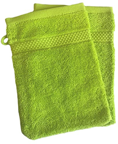 Sue Rossi Face Cloth Wash Mitt Set, 100% Organic Turkish Combed Cotton, 600GSM Thick With Hanging Loop, Size 16cm x 21cm, Flannel Glove Pack Soft & Absorbent (Lime Green, 2)
